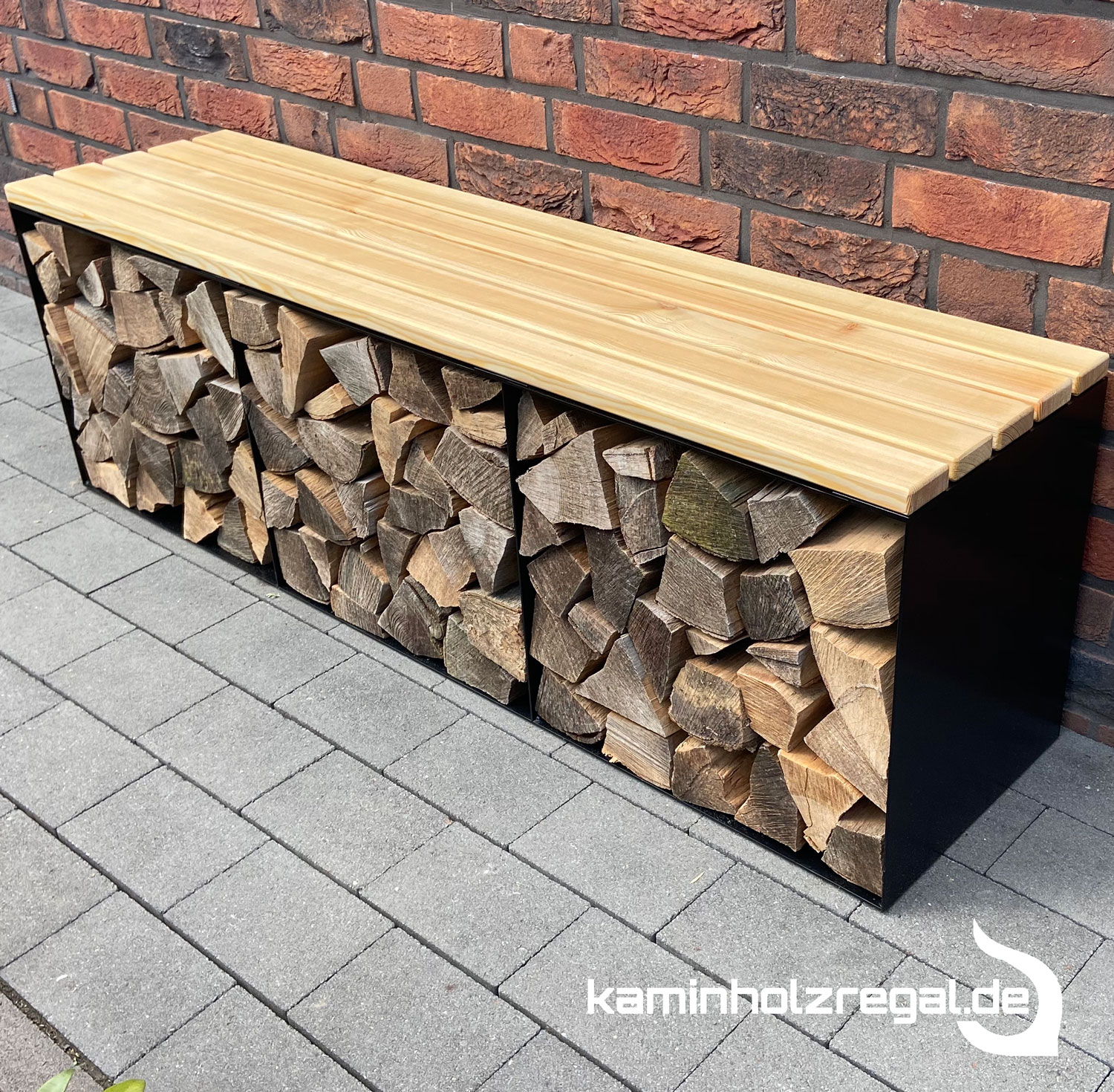 Gartenbank als Kaminholzregal 150 cm schwarz